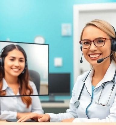 Virtual receptionist assisting a patient in a medical office.