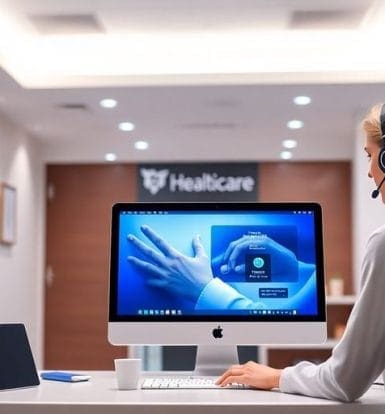 Virtual receptionist in a modern medical office setting.