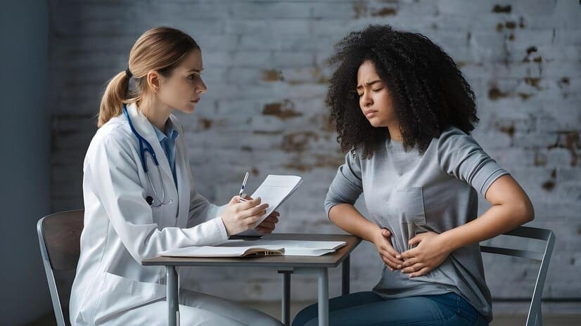 Doctor discussing prior authorization with a patient experiencing stomach pain, illustrating the patient-provider interaction during the prior authorization process.