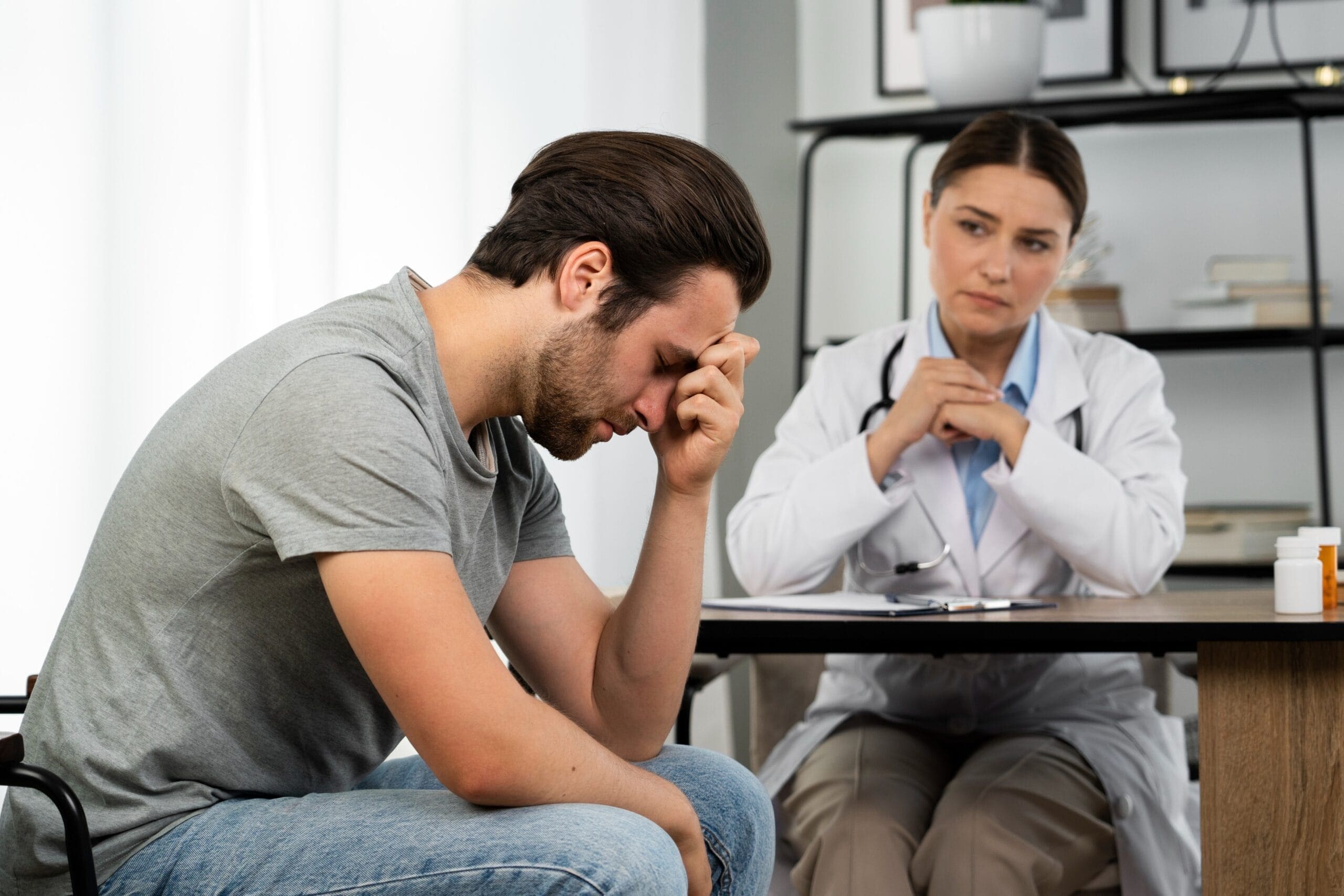 Doctor providing support to a patient dealing with mental health challenges, highlighting the importance of continuity in antidepressant treatment.