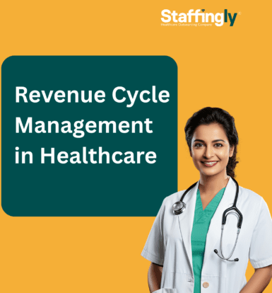 Healthcare revenue cycle management workflow showing patient registration, medical coding, billing, insurance claims processing, and payment collection in a hospital administrative setting.