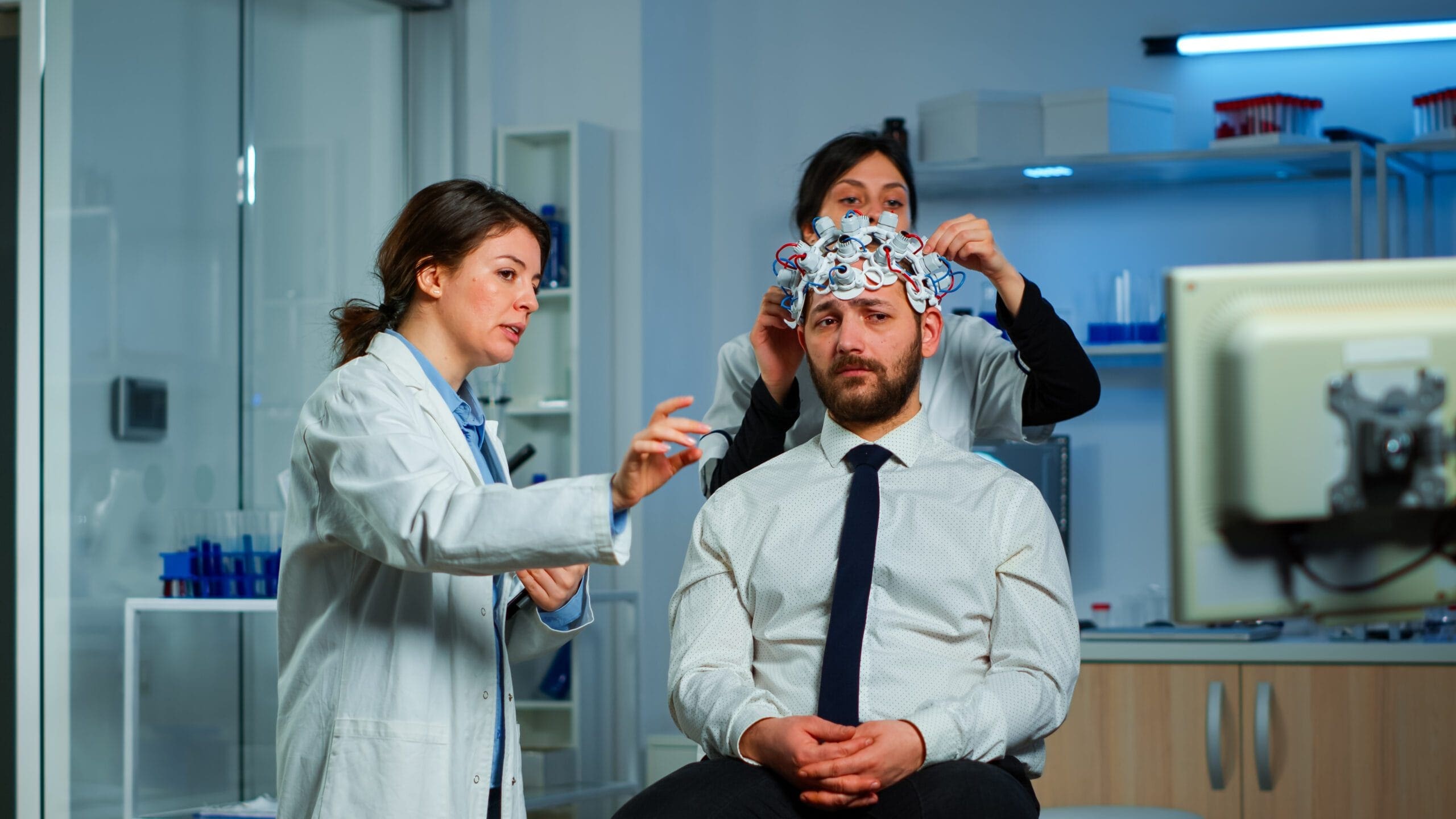 Healthcare provider performing a neurological examination on a patient, illustrating the need for migraine management with medications like Sumatriptan.