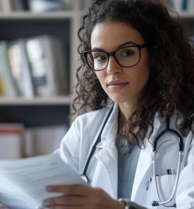 doctor holding a prior authorization document, looking at the camera, symbolizing the insurance approval process for Vancomycin HCL under Caremark Medicare.