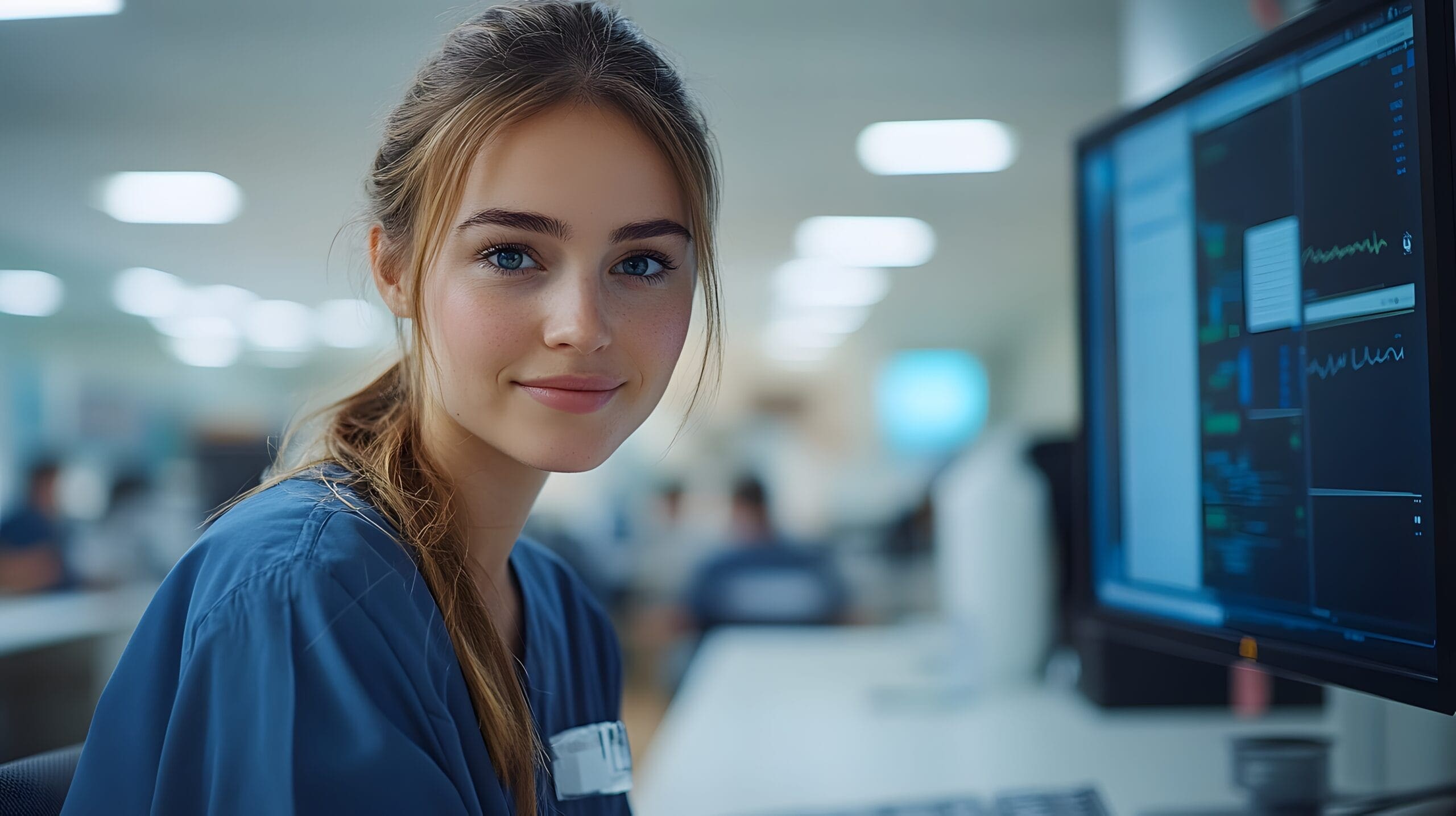 A healthcare professional in scrubs working on a computer, representing the role of automation in outsourced LTC billing processes.