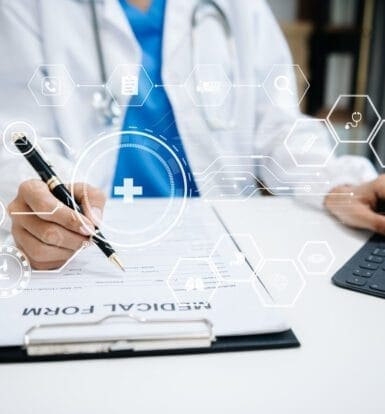 Virtual medical scribe assisting a healthcare provider during a telemedicine consultation, ensuring accurate documentation.