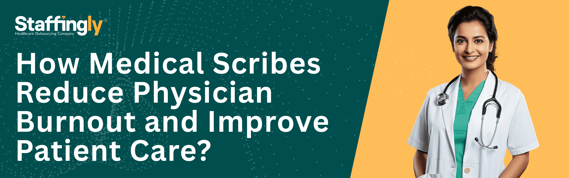 A physician smiling while consulting with a patient, supported by a virtual medical scribe.