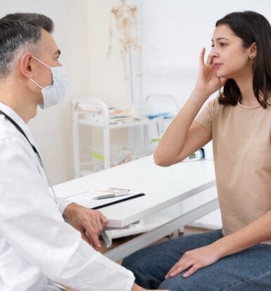 Doctor consulting a patient, focusing on mental health and well-being in a clinical setting.
