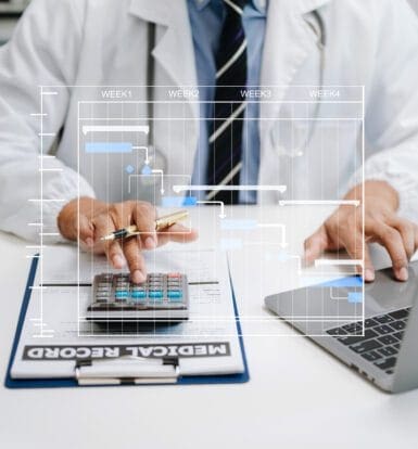 A healthcare professional using a calculator and laptop while reviewing medical records, with a visual overlay of task timelines.