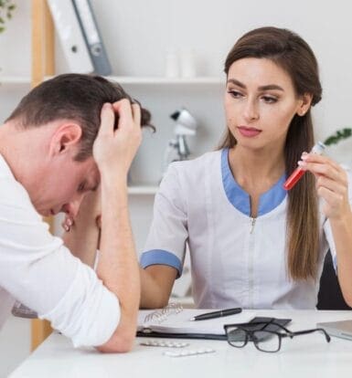 A healthcare provider discussing pre-authorization for Aimovig with a concerned patient