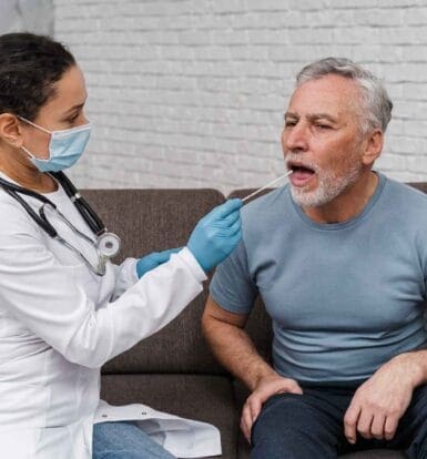 A healthcare provider performing a diagnostic swab test on a patient, illustrating the process of documenting medical necessity for prior authorization.