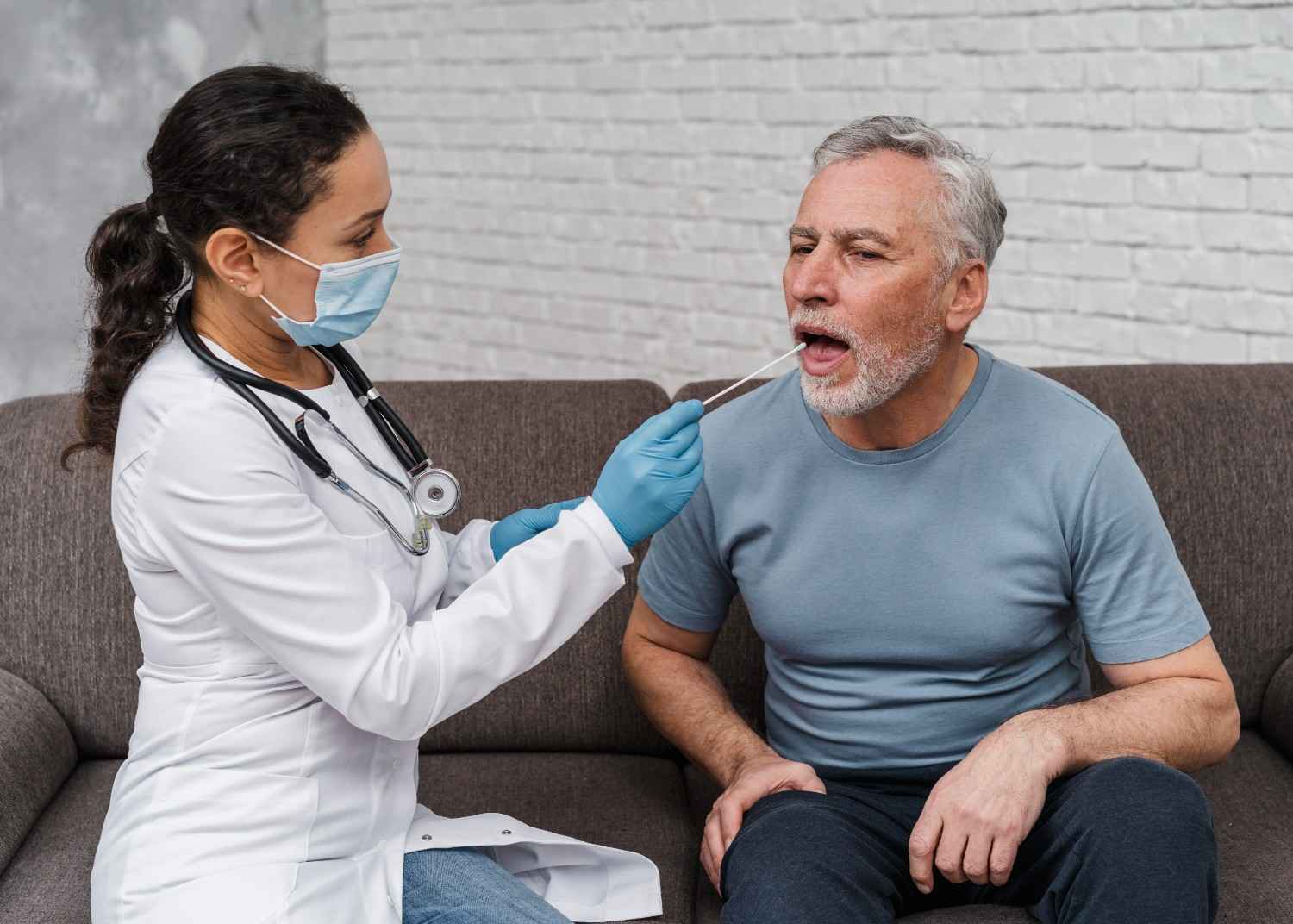 A healthcare provider performing a diagnostic swab test on a patient, illustrating the process of documenting medical necessity for prior authorization.