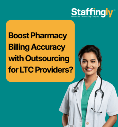 A healthcare worker reviewing pharmacy billing records in a nursing home.