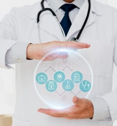 A doctor in a white coat holding a glowing sphere with healthcare icons, symbolizing personalized healthcare marketing.