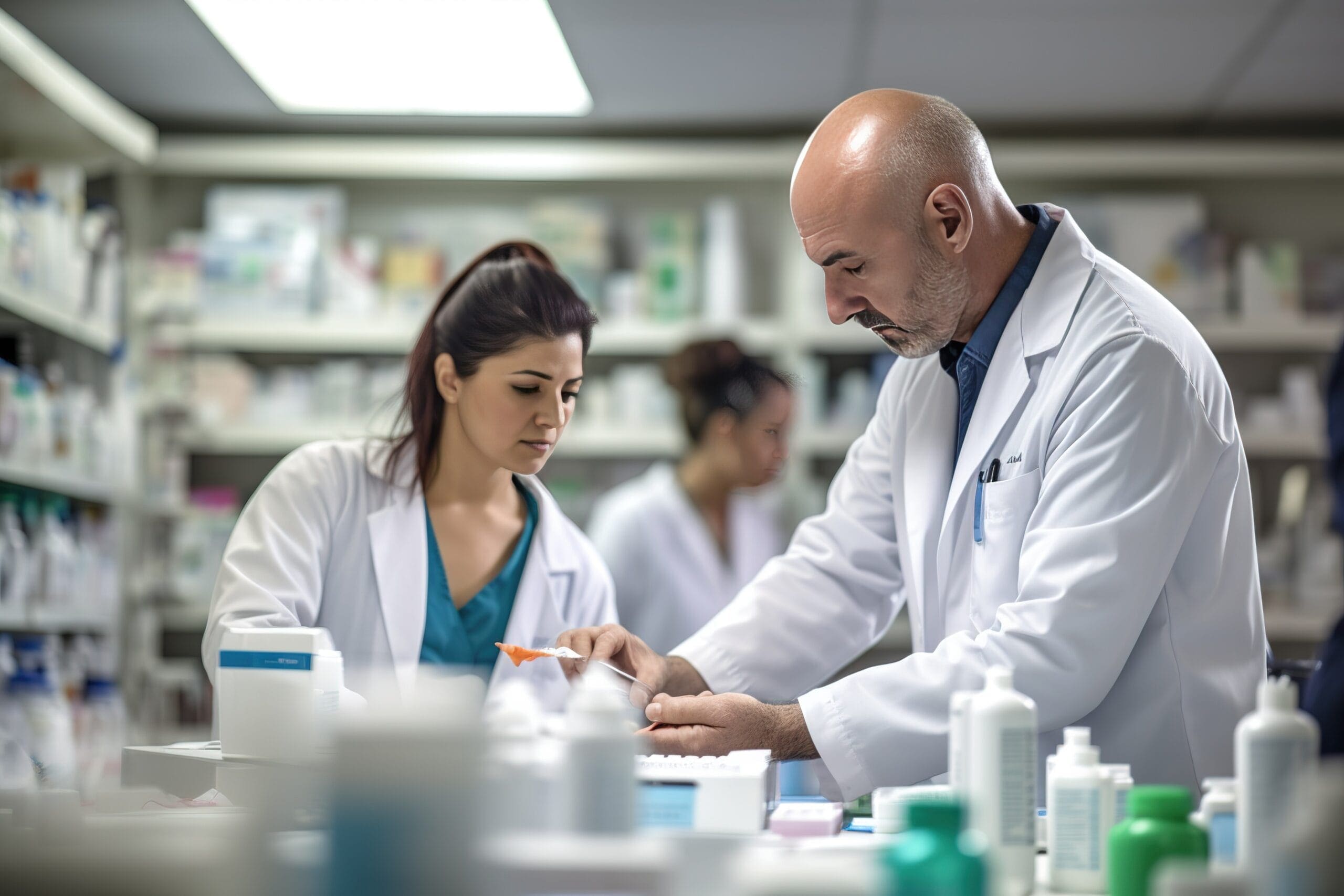 A healthcare professional reviewing pharmacy billing documents with a computer and calculator.