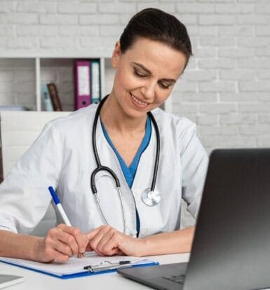 A pharmacist using specialized software for LTC billing