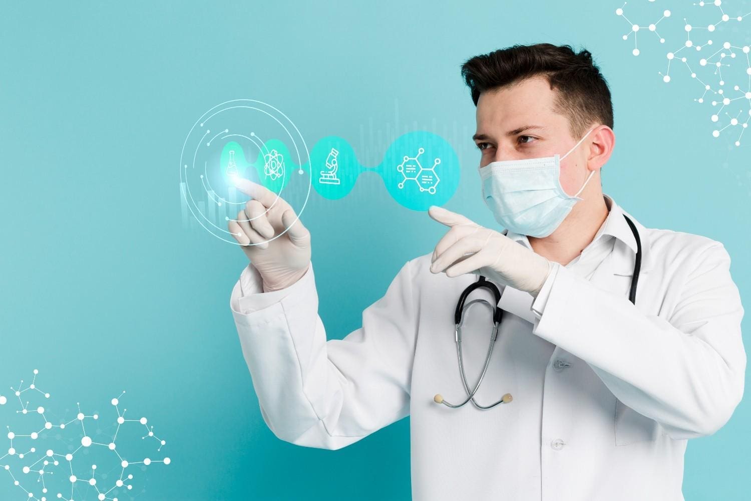 Doctor using futuristic AI-powered virtual healthcare technology with holographic medical icons on a blue background.