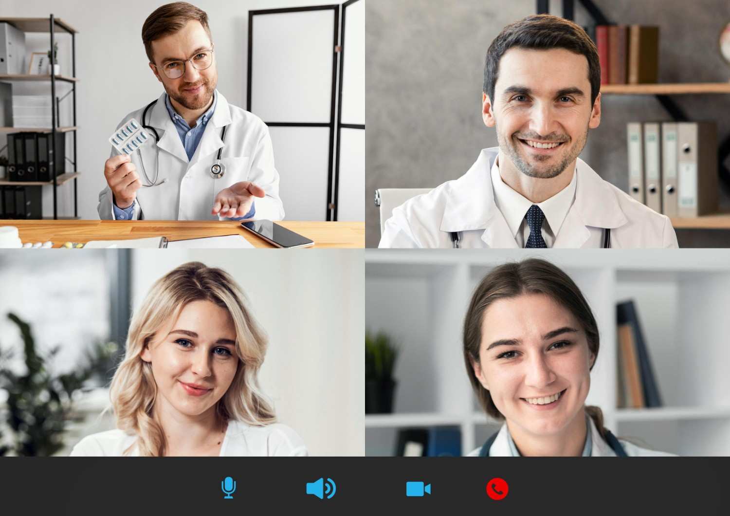 Healthcare professionals using virtual medical assistant services in a video call, showcasing teamwork and patient care efficiency.