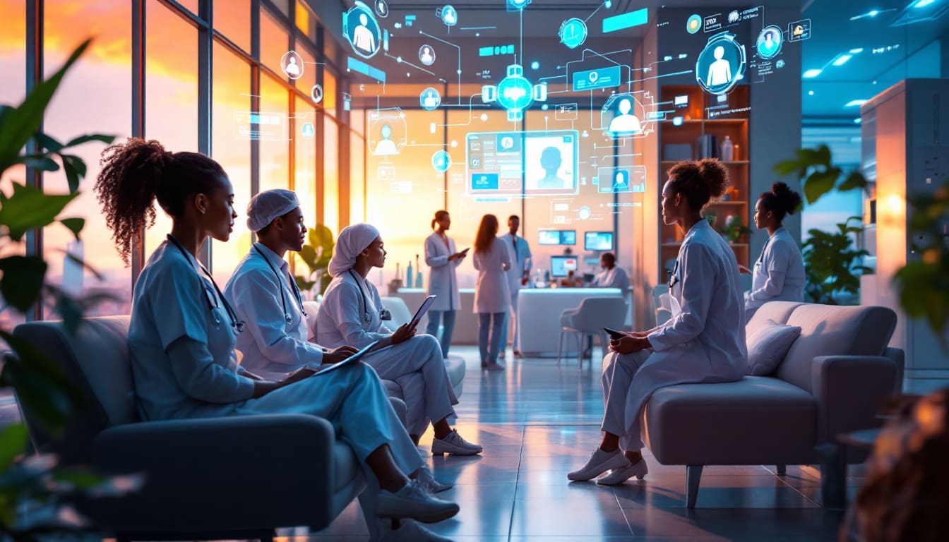 Healthcare professionals in a modern medical facility using advanced digital technology for patient care coordination.