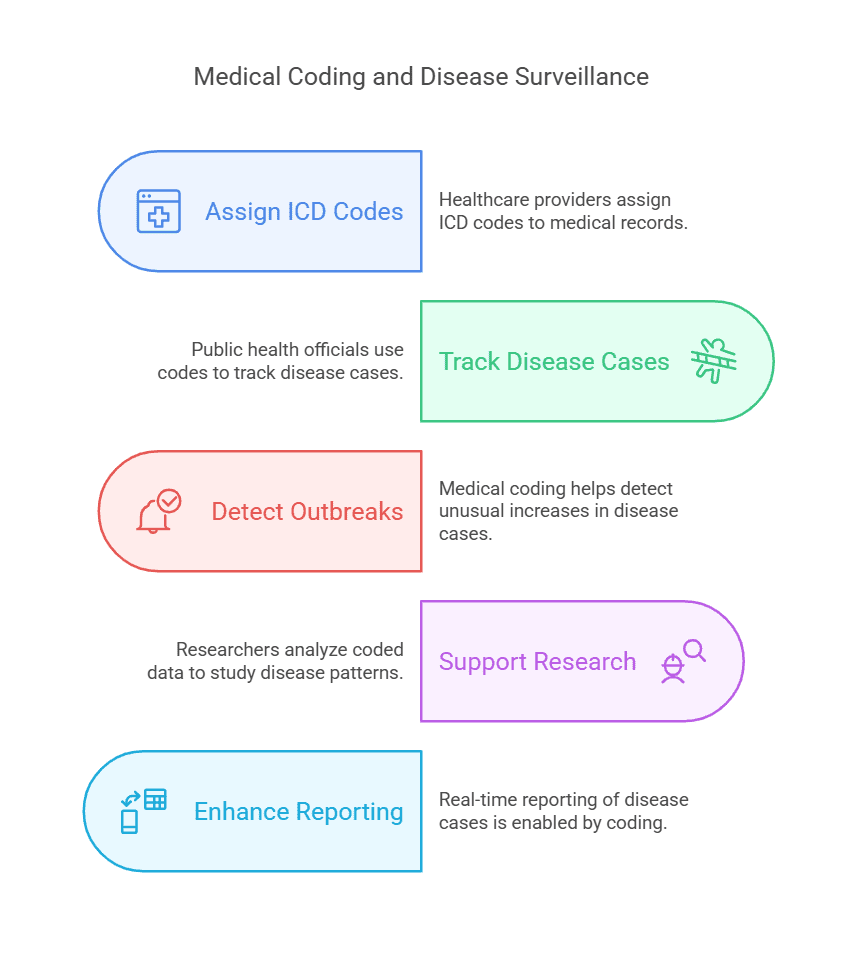  Medical coding flowchart showing disease tracking steps.