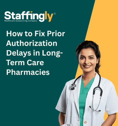 A healthcare professional reviewing prior authorization details in an LTC pharmacy.