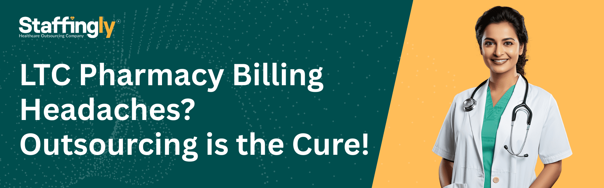 Pharmacist reviewing billing data on a computer with efficiency icons floating around, representing outsourcing benefits.