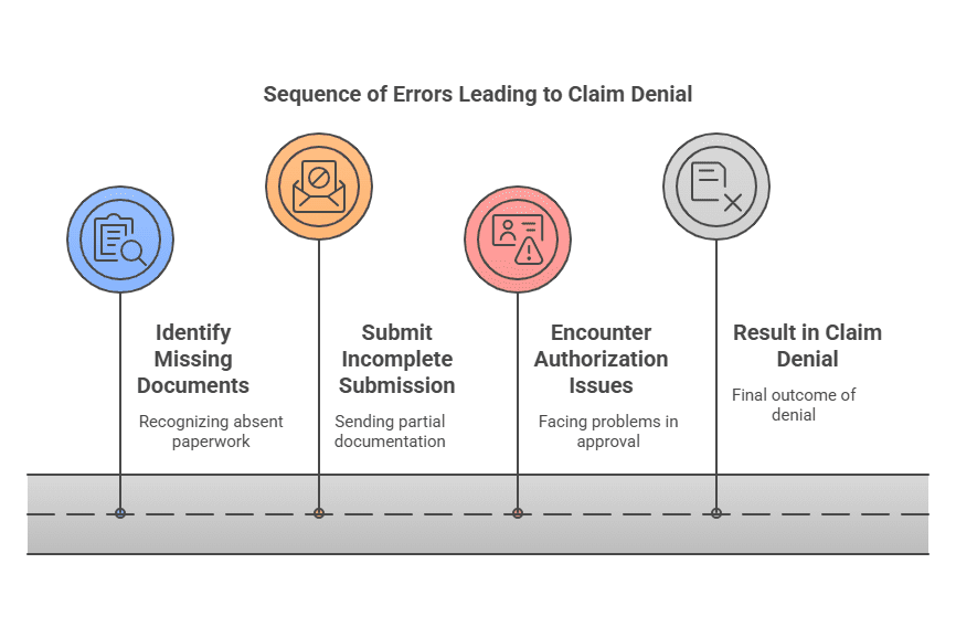 A step-by-step diagram showing errors leading to claim denial, including missing documents, incomplete submissions, authorization issues, and final denial.
