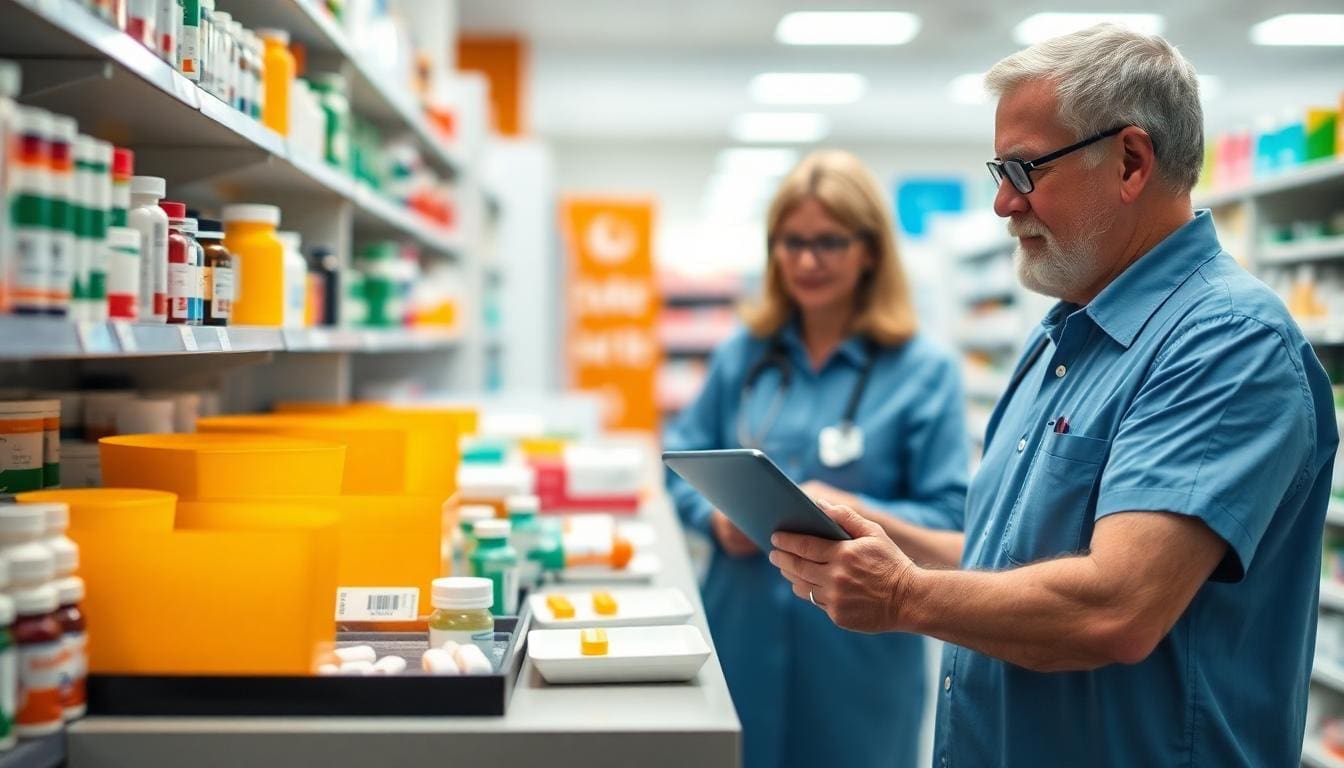 A senior pharmacist reviewing medication inventory on a tablet in a long-term care pharmacy, with a colleague in the background.