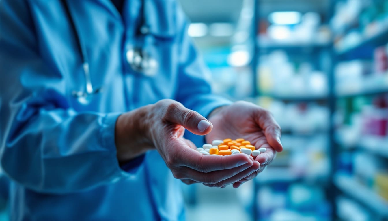 Pharmacist reviewing billing data on a computer with efficiency icons floating around, representing outsourcing benefits.