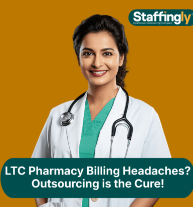 Pharmacist reviewing billing data on a computer with efficiency icons floating around, representing outsourcing benefits.
