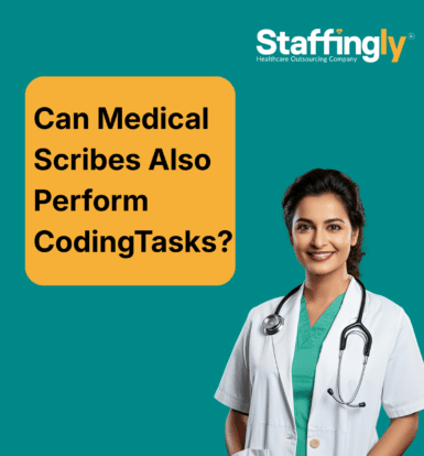 A medical scribe documenting patient notes while a coder reviews medical codes on a computer.