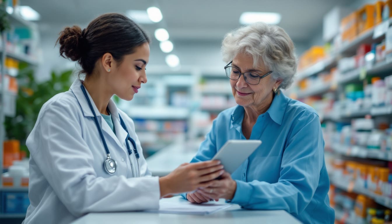A healthcare worker in a LTC pharmacy reviewing patient records on a computer, with prescription bottles and paperwork nearby, focusing on reducing insurance denials.