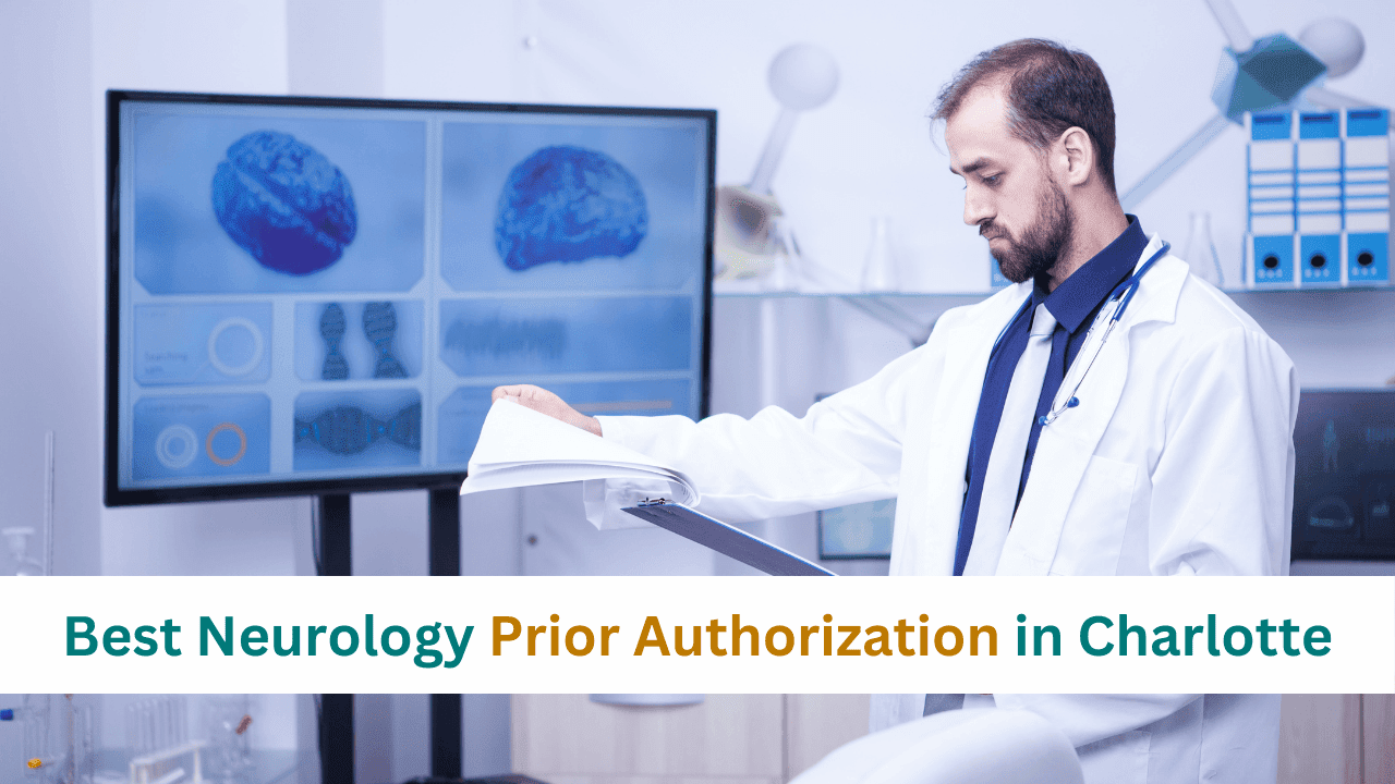 Neurologist reviewing patient records with neurology brain scans on screen in Charlotte clinic