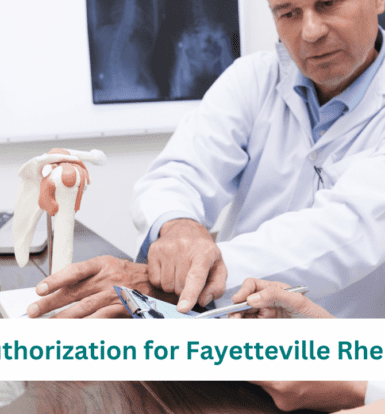 A rheumatologist in Fayetteville discusses joint health with a patient while reviewing prior authorization for treatments, with knee and joint models displayed.