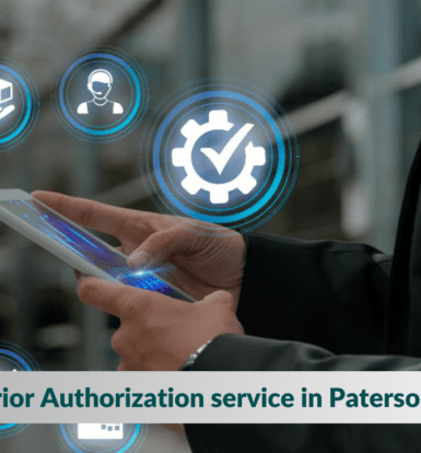 Businessman using tablet for healthcare admin tasks with icons representing prior authorization service in Paterson.