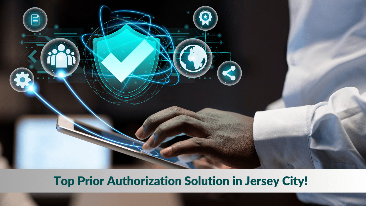 A doctor using a digital tablet with futuristic authorization icons, representing top prior authorization solutions in Jersey City.