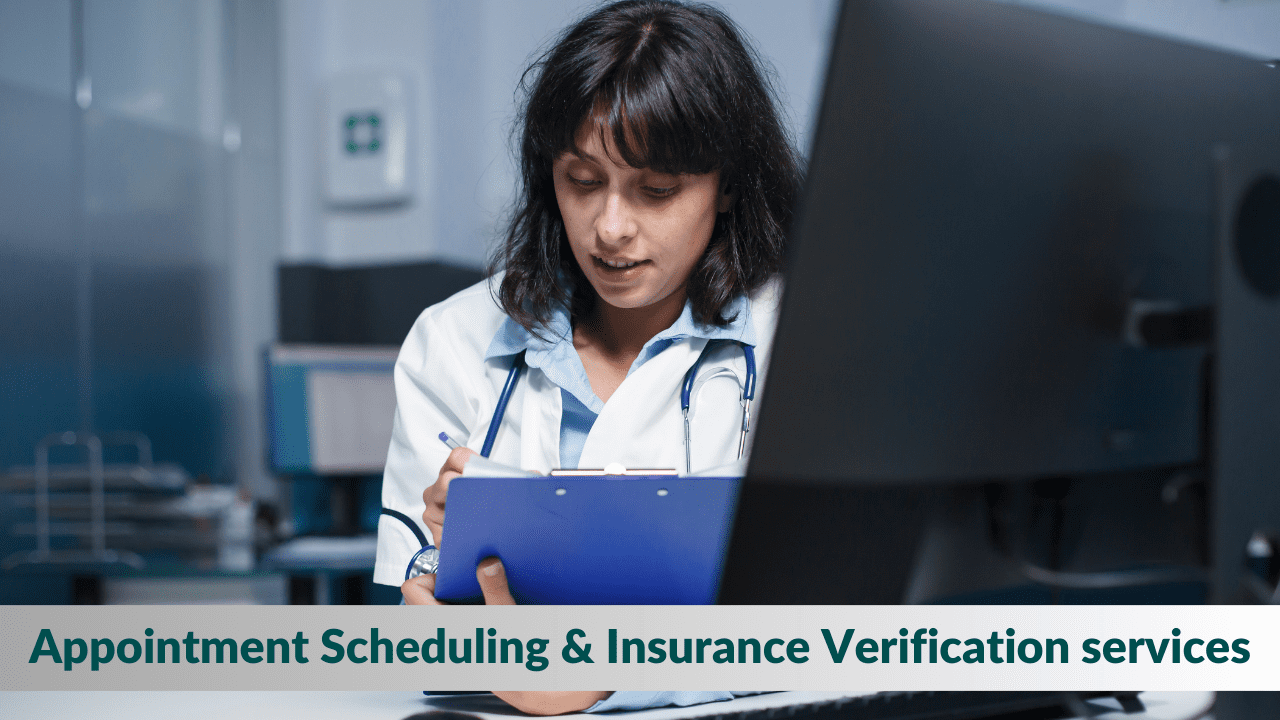 "Healthcare provider reviewing paperwork for appointment scheduling and insurance verification services"