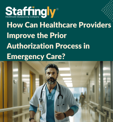 Healthcare provider reviewing emergency care authorization documents in a hospital setting