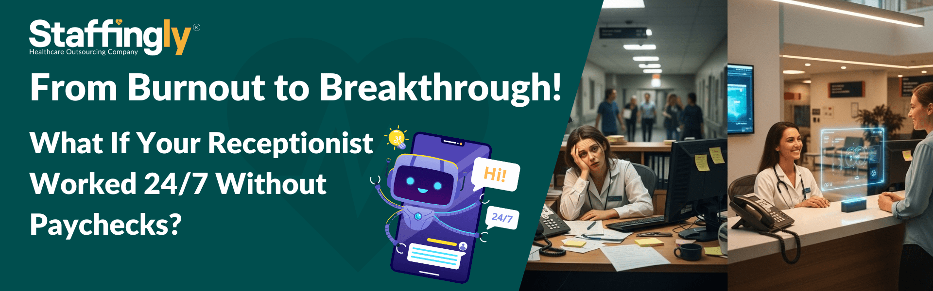 Healthcare professional using AI voice assistant at a modern hospital reception desk – illustrating how AI is transforming administrative operations and reducing staff workload.
