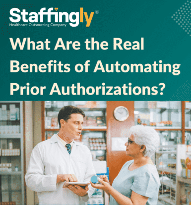 Healthcare administrator reviewing automated prior authorization dashboard on a computer screen