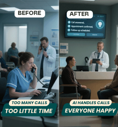 Before-and-after of hospital front desk: stressed staff on calls vs calm workflow with AI voice bots handling appointments.