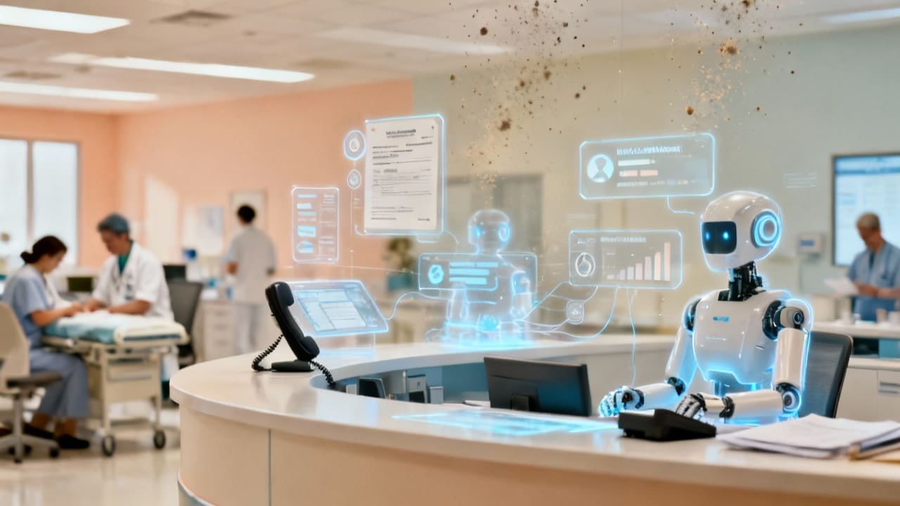 Futuristic healthcare environment showing doctors and AI assistants collaborating in a modern hospital setting, symbolizing how conversational AI will automate healthcare administration by 2026