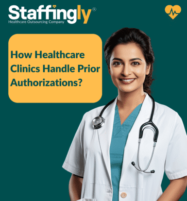 Medical assistant reviewing prior authorization paperwork in a clinic